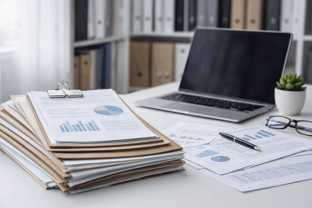 Imagen de un despacho, con documentos carpetas y ordenador